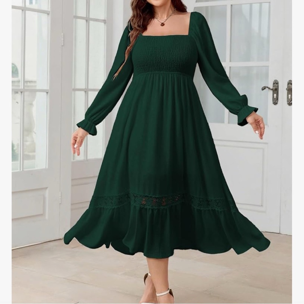 Womens Long Sleeve Square Neck Wedding Guest Smocked Flowy Boho Maxi Dress
